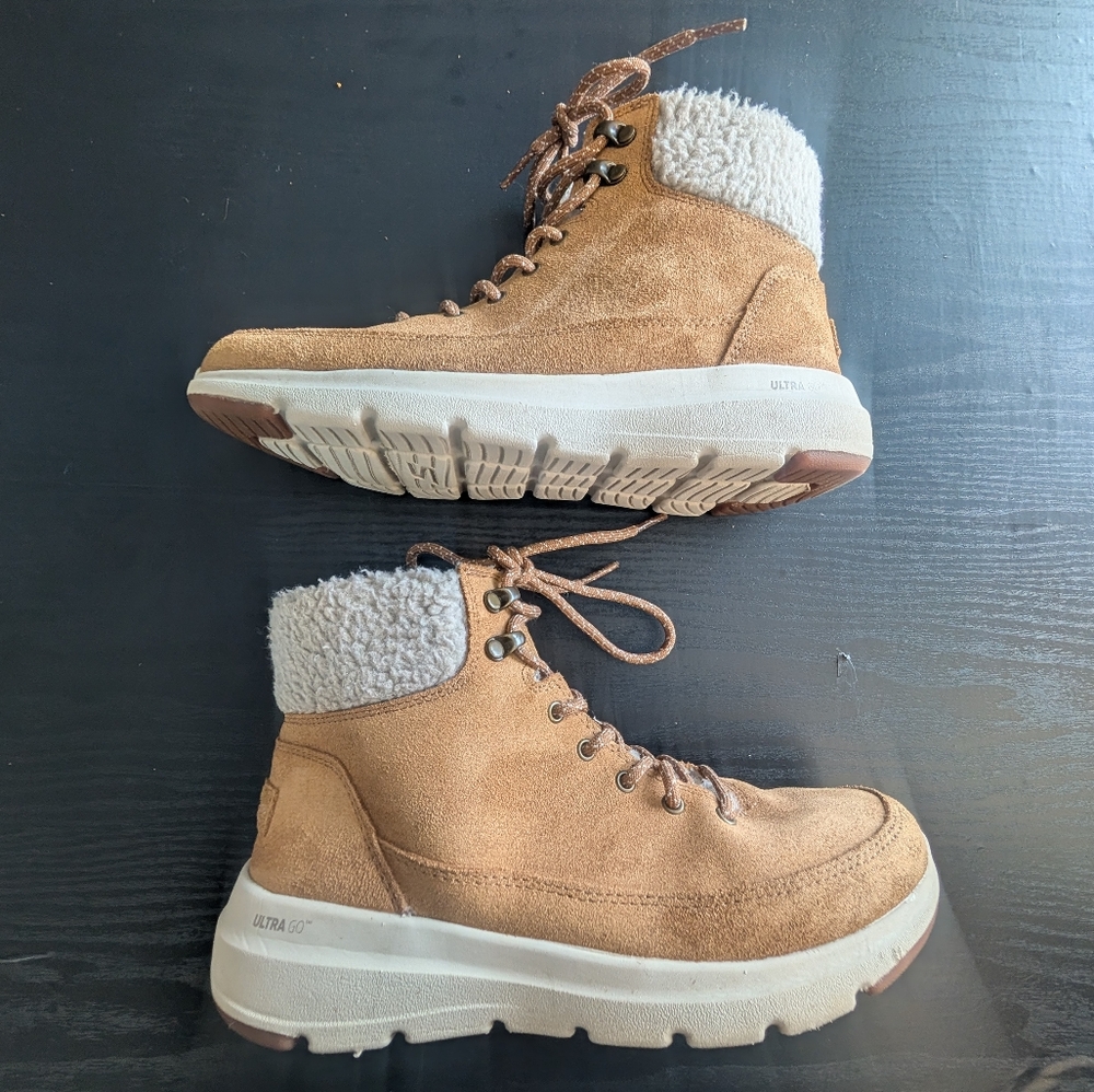 Skechers Glacial Ultra Boots Chestnut Leather Suede 3M Scotchgard Goga Mat 7.5